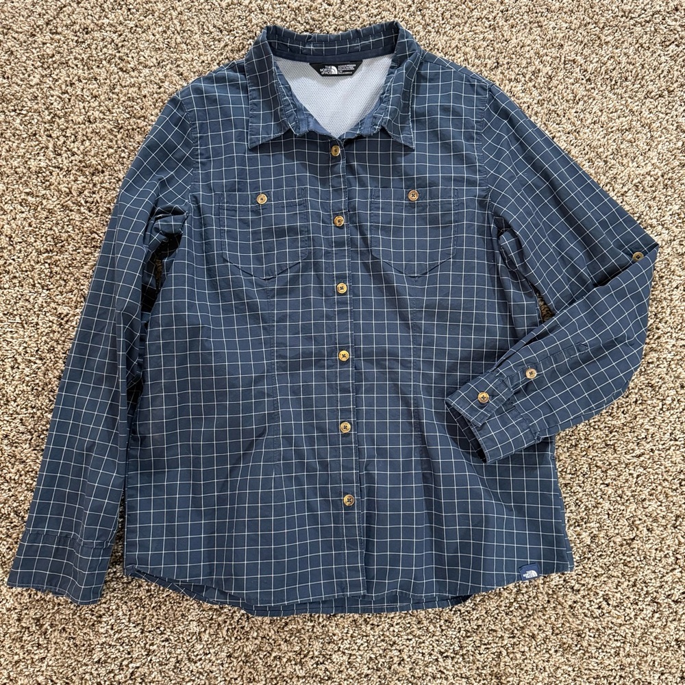 The North Face Women's L Blue Grid Button Shirt Long Sleeve Outdoor Hiking Lined